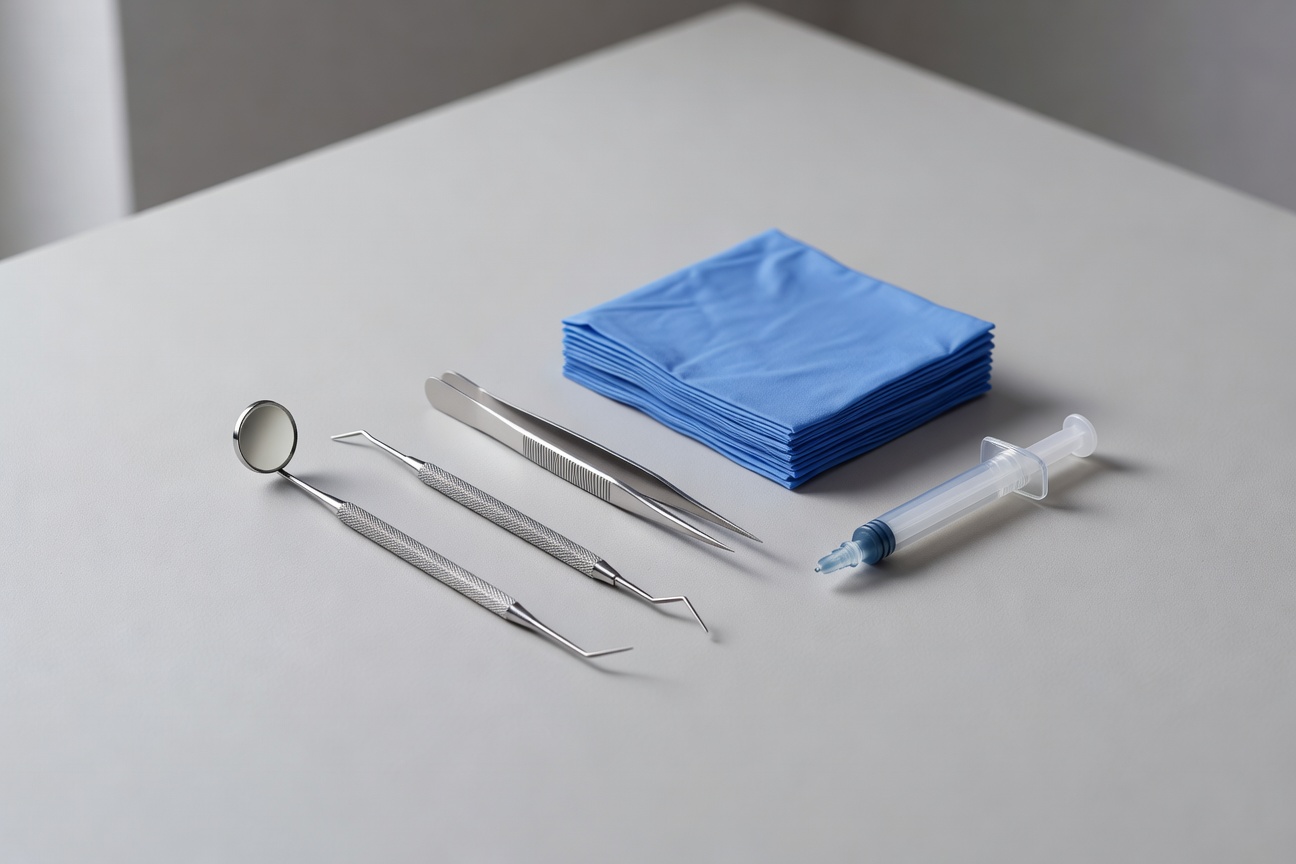 Dental instruments and supplies laid out on a clean surface